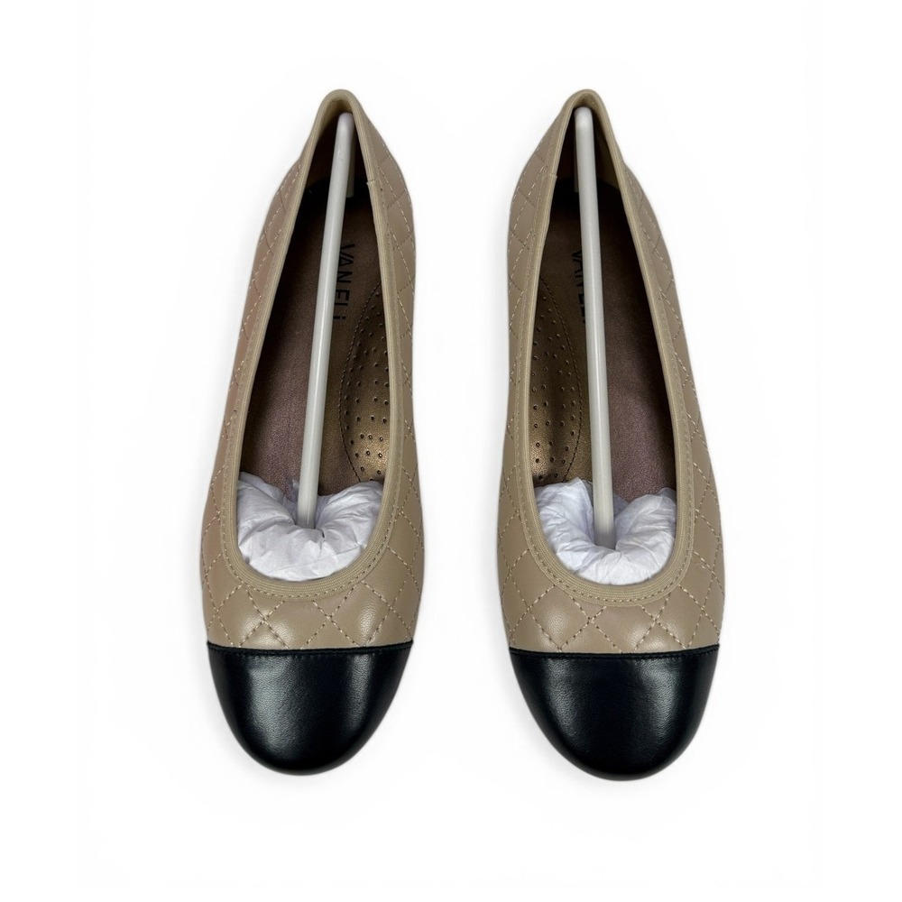 VANELi Serene Quilted Ballet Flats‎ Womens 7 W Beige Black Cap Toe Leather